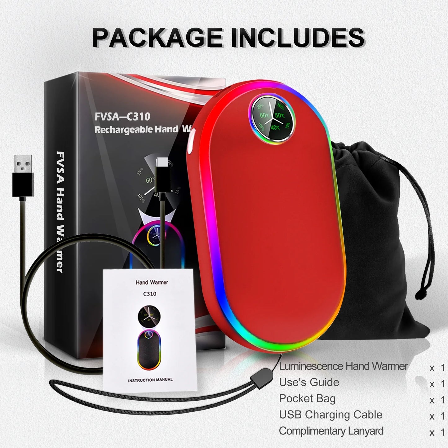 Hand Warmers, 10000Mah Hand Warmers Rechargeable, 7 Changing Colors Lights Electric Hand Warmers, Reusable Hand Warmer for Outdoors, Hunting, Golf, Camping, Red