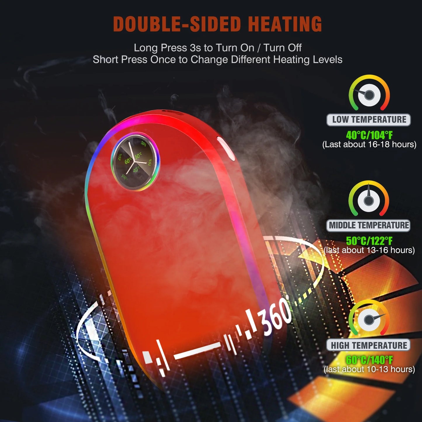 Hand Warmers, 10000Mah Hand Warmers Rechargeable, 7 Changing Colors Lights Electric Hand Warmers, Reusable Hand Warmer for Outdoors, Hunting, Golf, Camping, Red