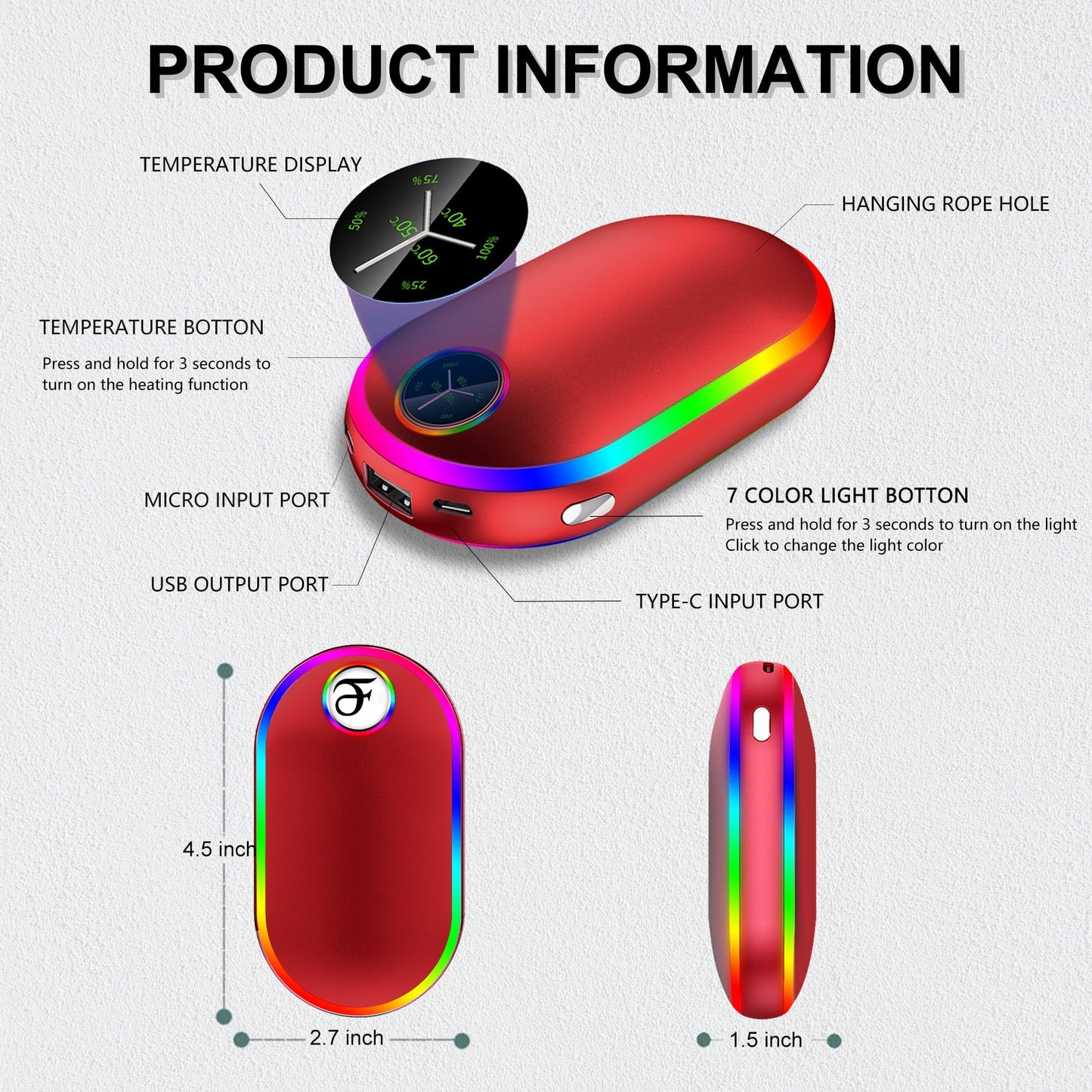 Hand Warmers, 10000Mah Hand Warmers Rechargeable, 7 Changing Colors Lights Electric Hand Warmers, Reusable Hand Warmer for Outdoors, Hunting, Golf, Camping, Red